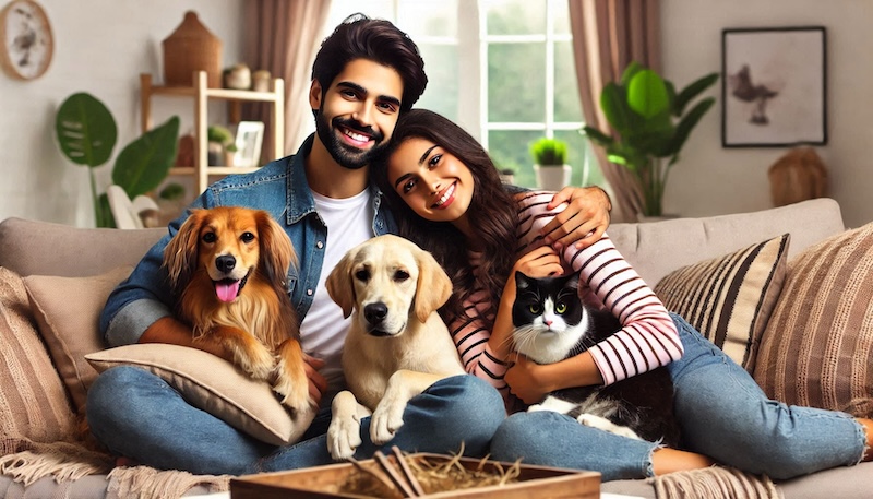 Couple cuddling with their cats and dogs